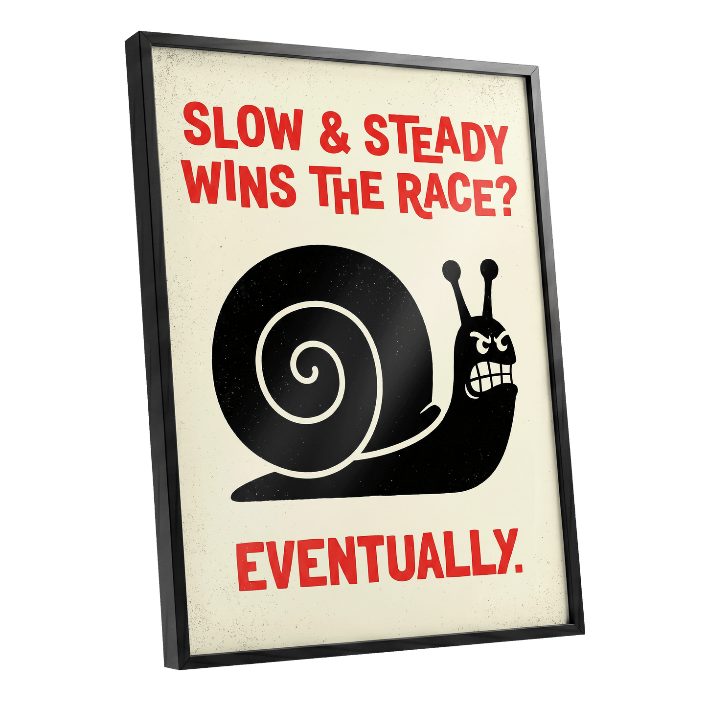 Eventually Wins, black, beige, red nature wall art shown as a black framed poster wall art print