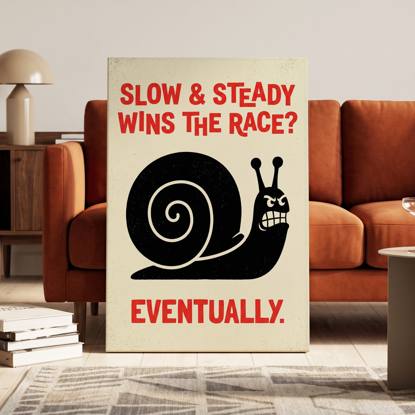 Eventually Wins, black, beige, red nature wall art on canvas displayed in a styled interior, gallery view 1