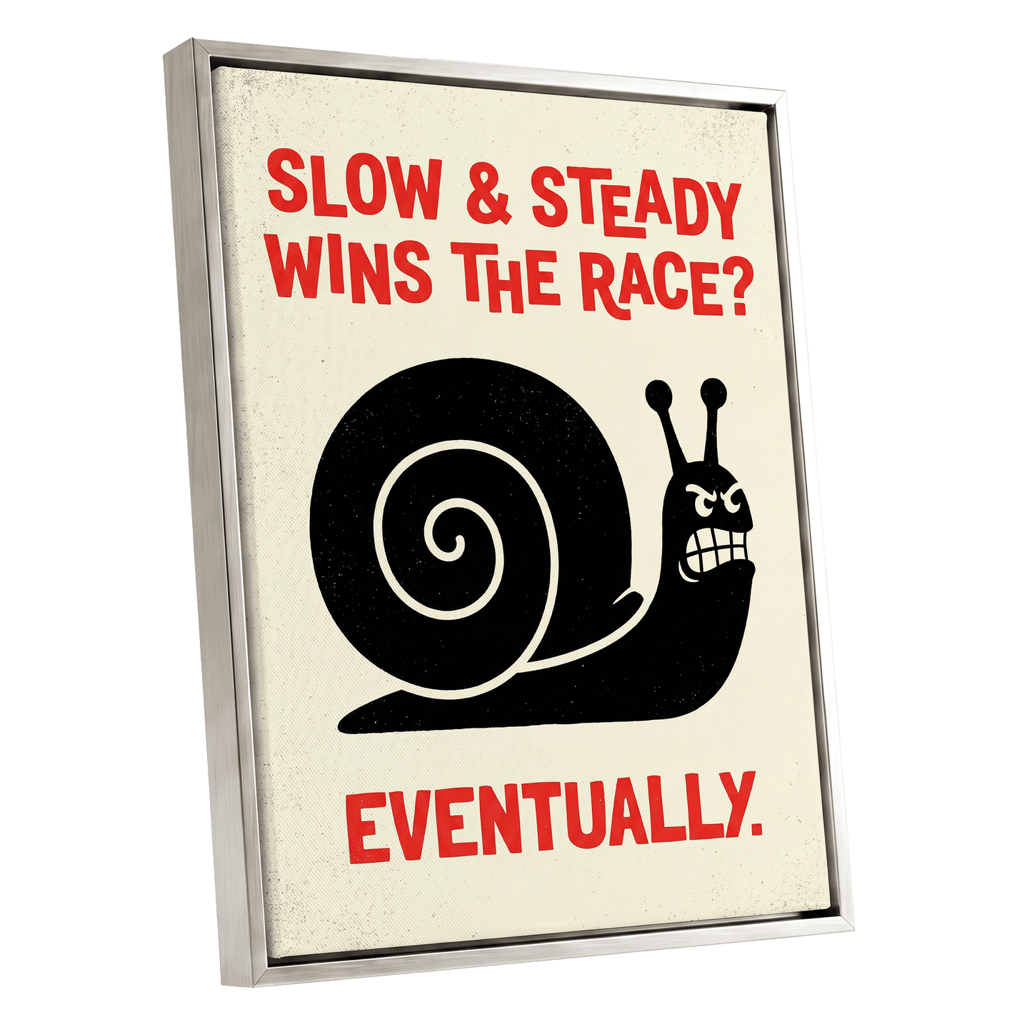 Eventually Wins, black, beige, red nature wall art shown as a silver framed canvas wall art