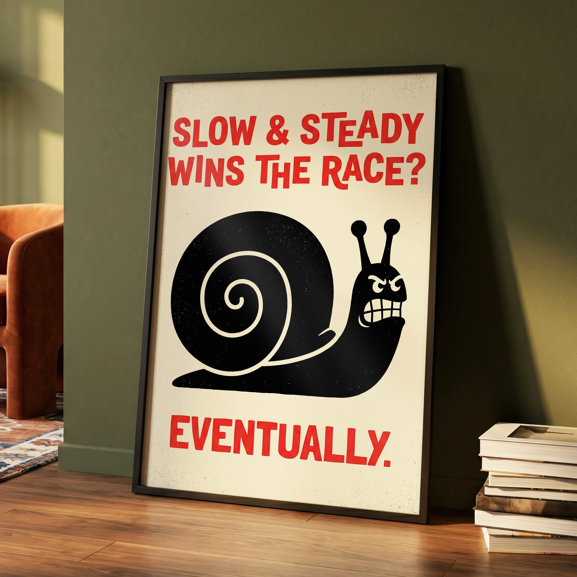 Eventually Wins, black, beige, red nature wall art displayed in a styled interior, gallery view 4
