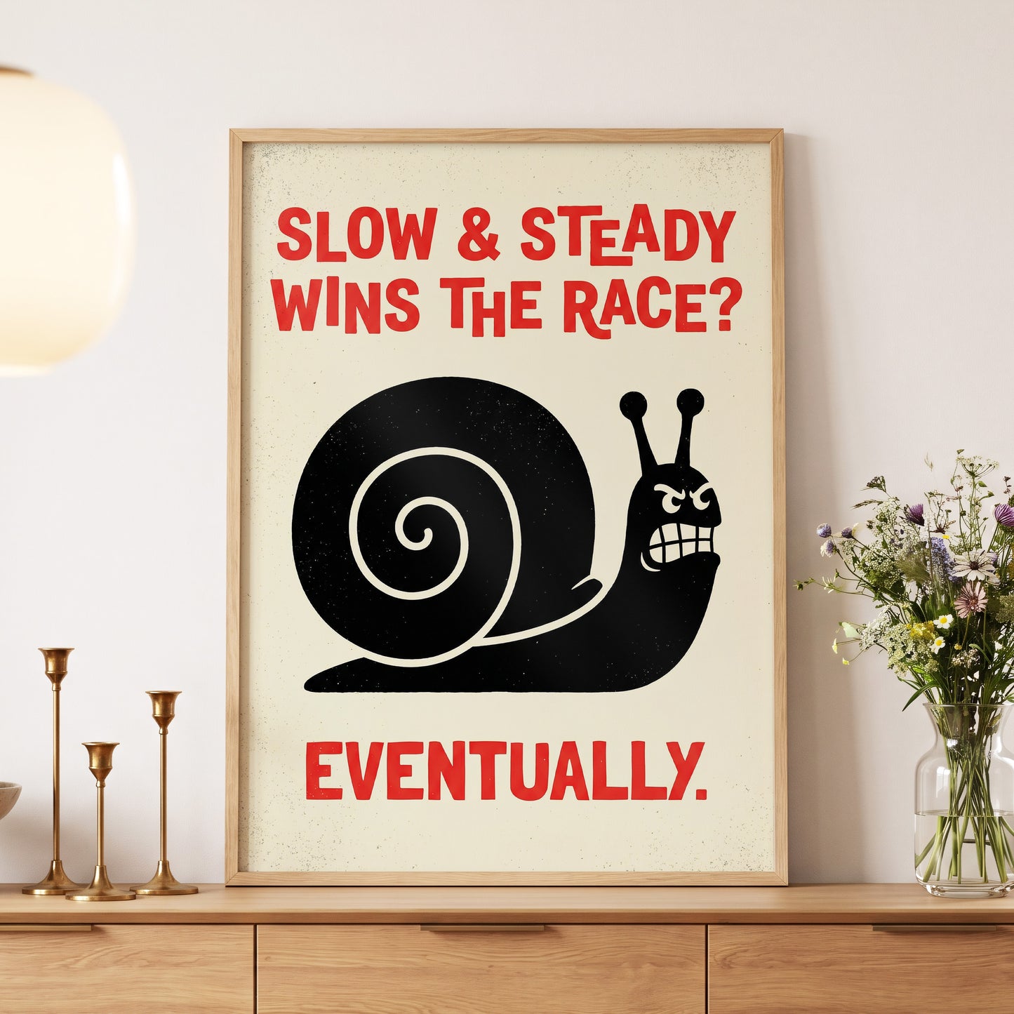 Eventually Wins, black, beige, red nature wall art displayed in a styled interior, gallery view 5