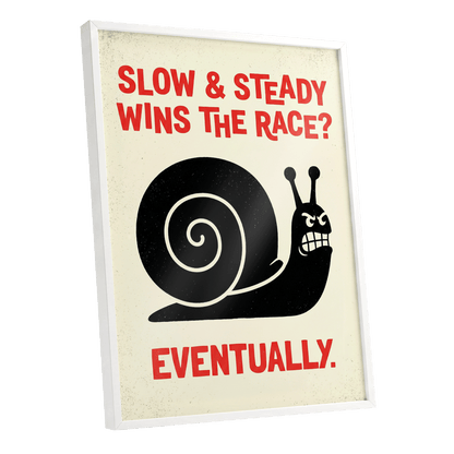 Eventually Wins, black, beige, red nature wall art shown as a white framed poster wall art print