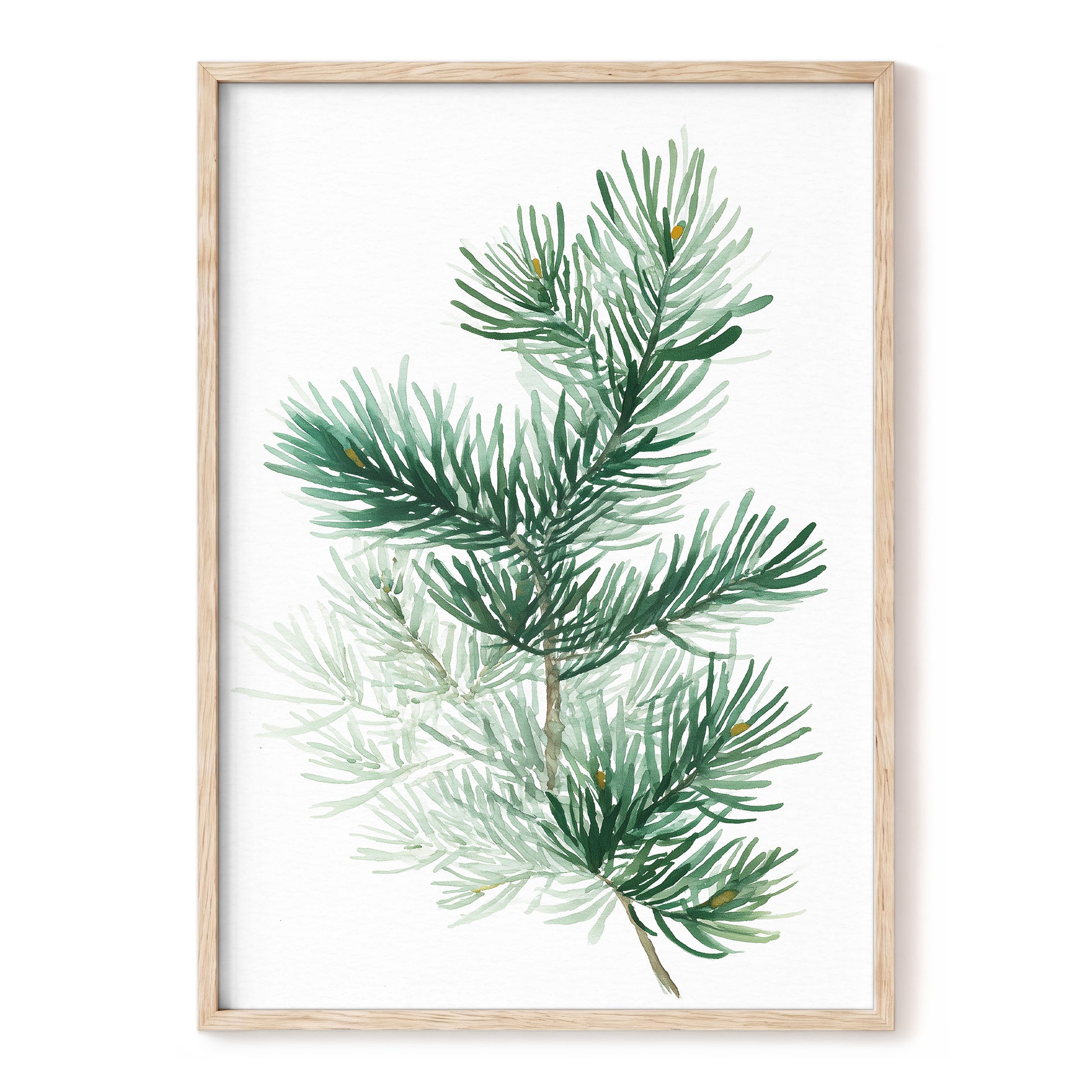 Evergreen Whispers – green, white, brown nature wall art, front view