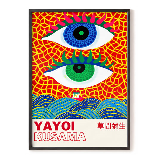 Eyes Above the Tide, red, yellow, blue abstract wall art, front artwork view
