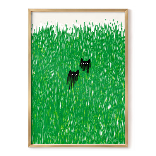 Eyes in the Meadow, green, black, beige nature wall art, front artwork view