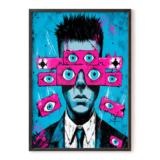 Eyes Wide Open, blue, pink, black abstract wall art, front artwork view