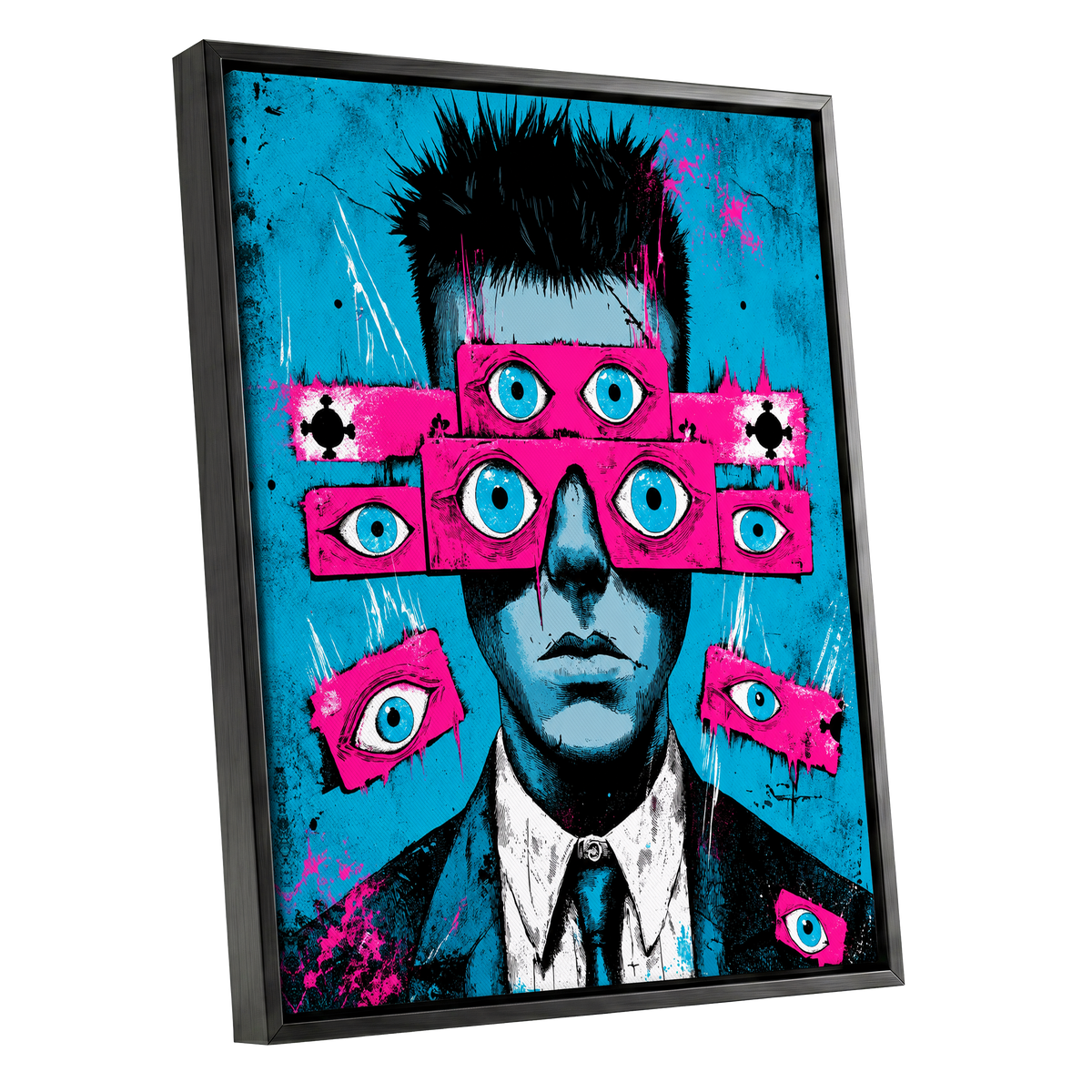 Eyes Wide Open, blue, pink, black abstract wall art shown as a black framed canvas wall art
