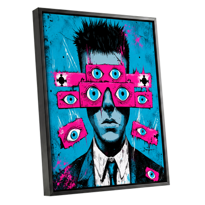 Eyes Wide Open, blue, pink, black abstract wall art shown as a black framed canvas wall art