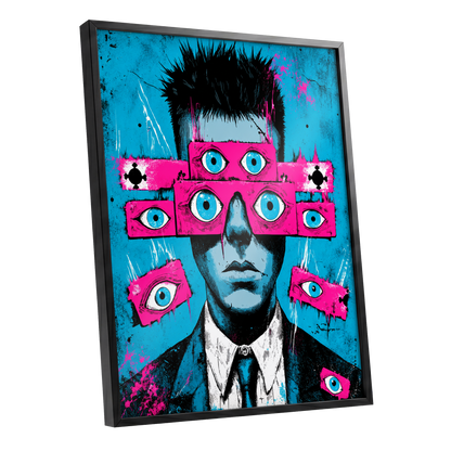 Eyes Wide Open, blue, pink, black abstract wall art shown as a black framed poster wall art print