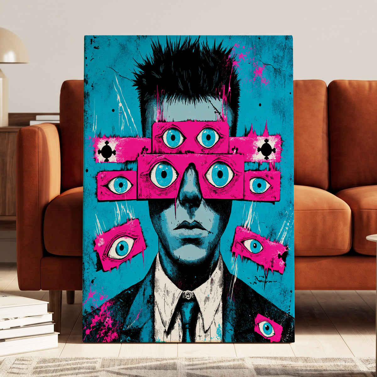 Eyes Wide Open, blue, pink, black abstract wall art on canvas displayed in a styled interior, gallery view 1