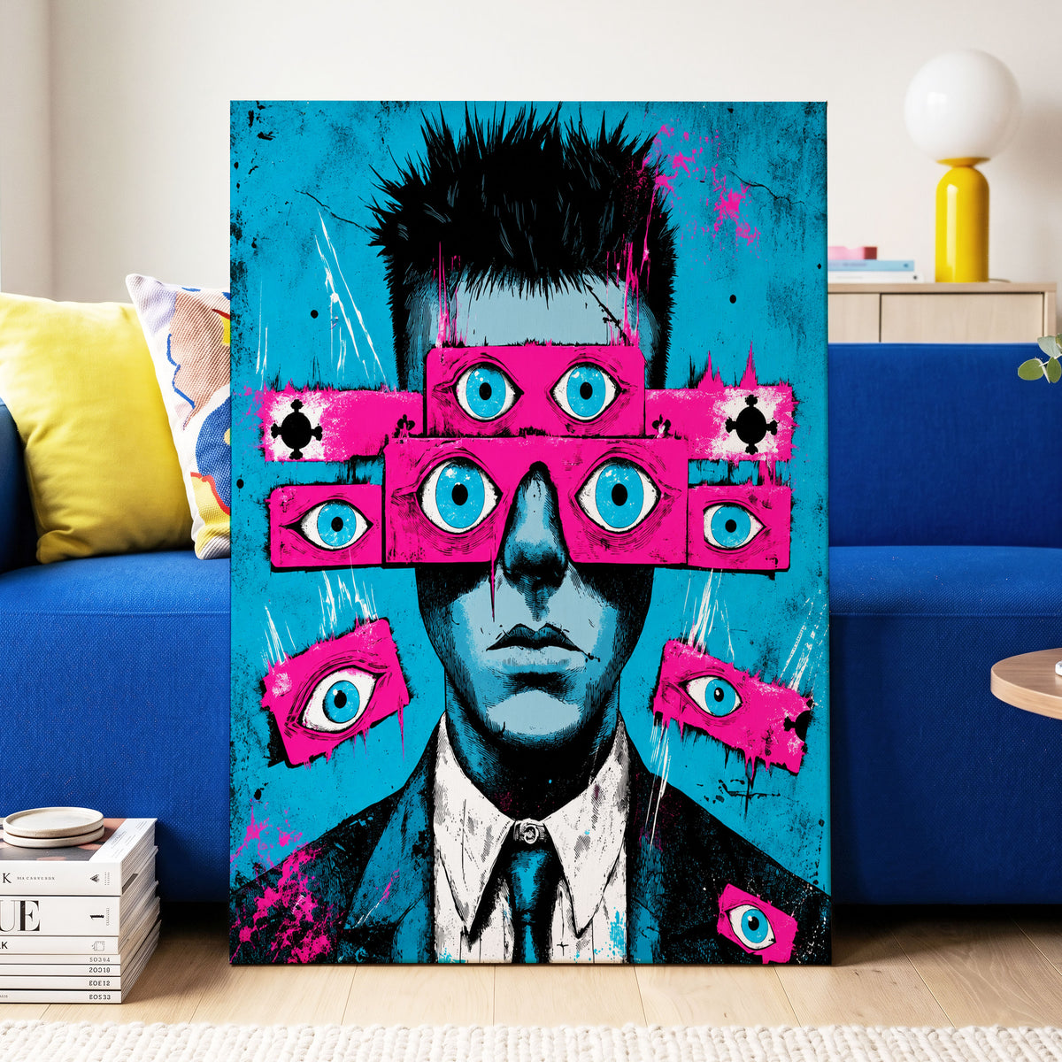 Eyes Wide Open, blue, pink, black abstract wall art on canvas displayed in a styled interior, gallery view 2
