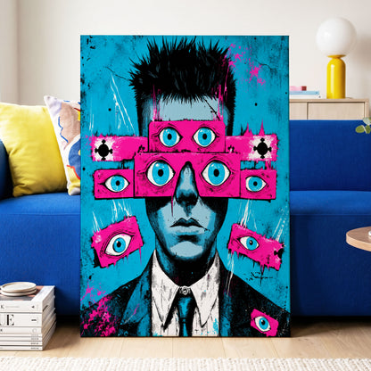 Eyes Wide Open, blue, pink, black abstract wall art on canvas displayed in a styled interior, gallery view 2