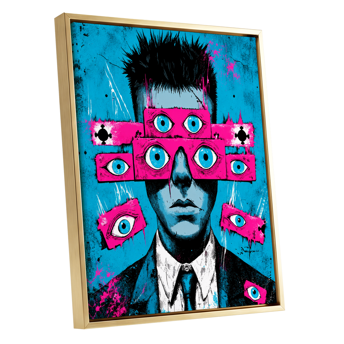Eyes Wide Open, blue, pink, black abstract wall art shown as a gold framed canvas wall art