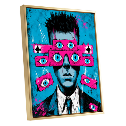 Eyes Wide Open, blue, pink, black abstract wall art shown as a gold framed canvas wall art