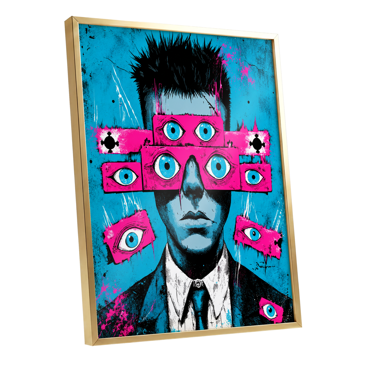 Eyes Wide Open, blue, pink, black abstract wall art shown as a gold framed poster wall art print