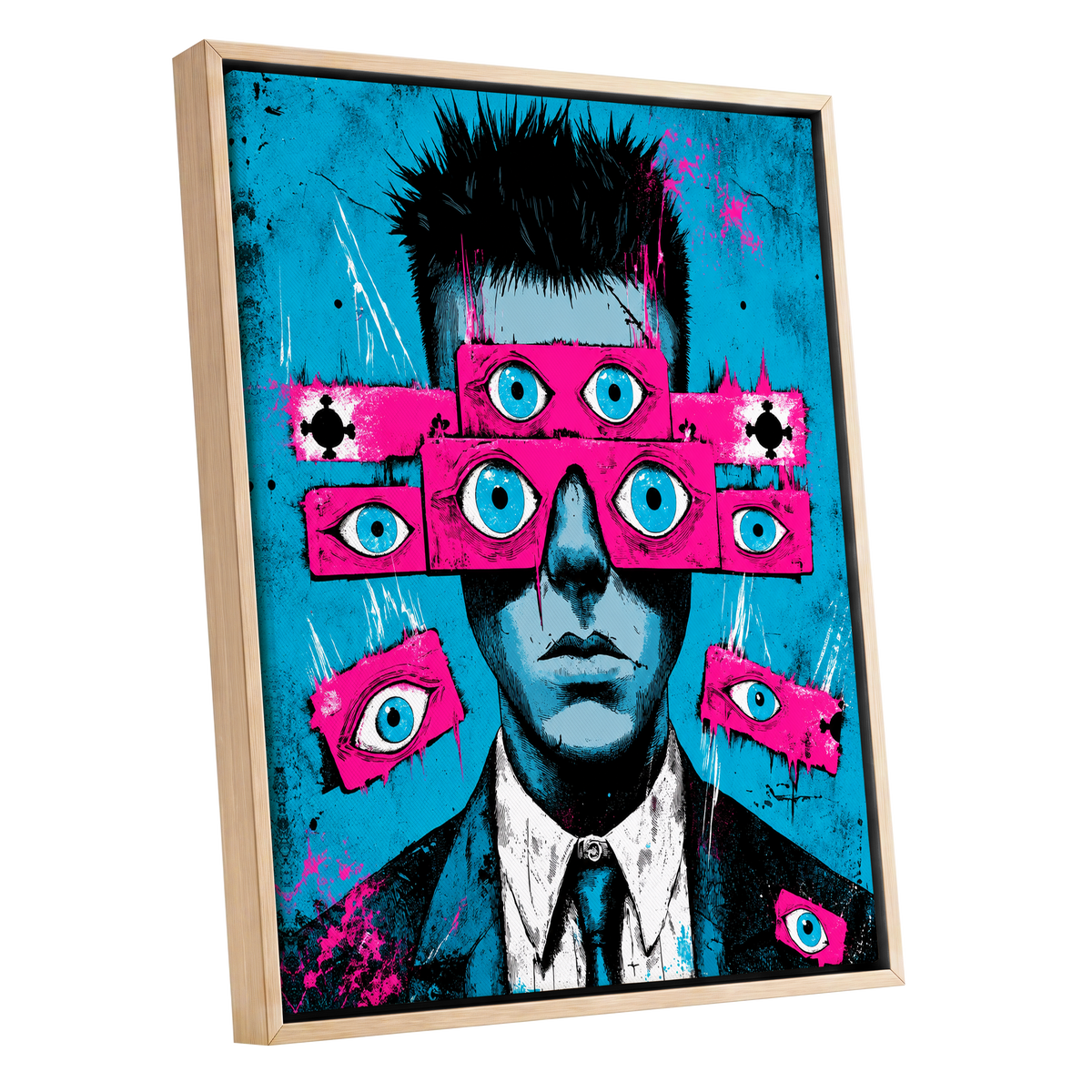 Eyes Wide Open, blue, pink, black abstract wall art shown as a oak framed canvas wall art