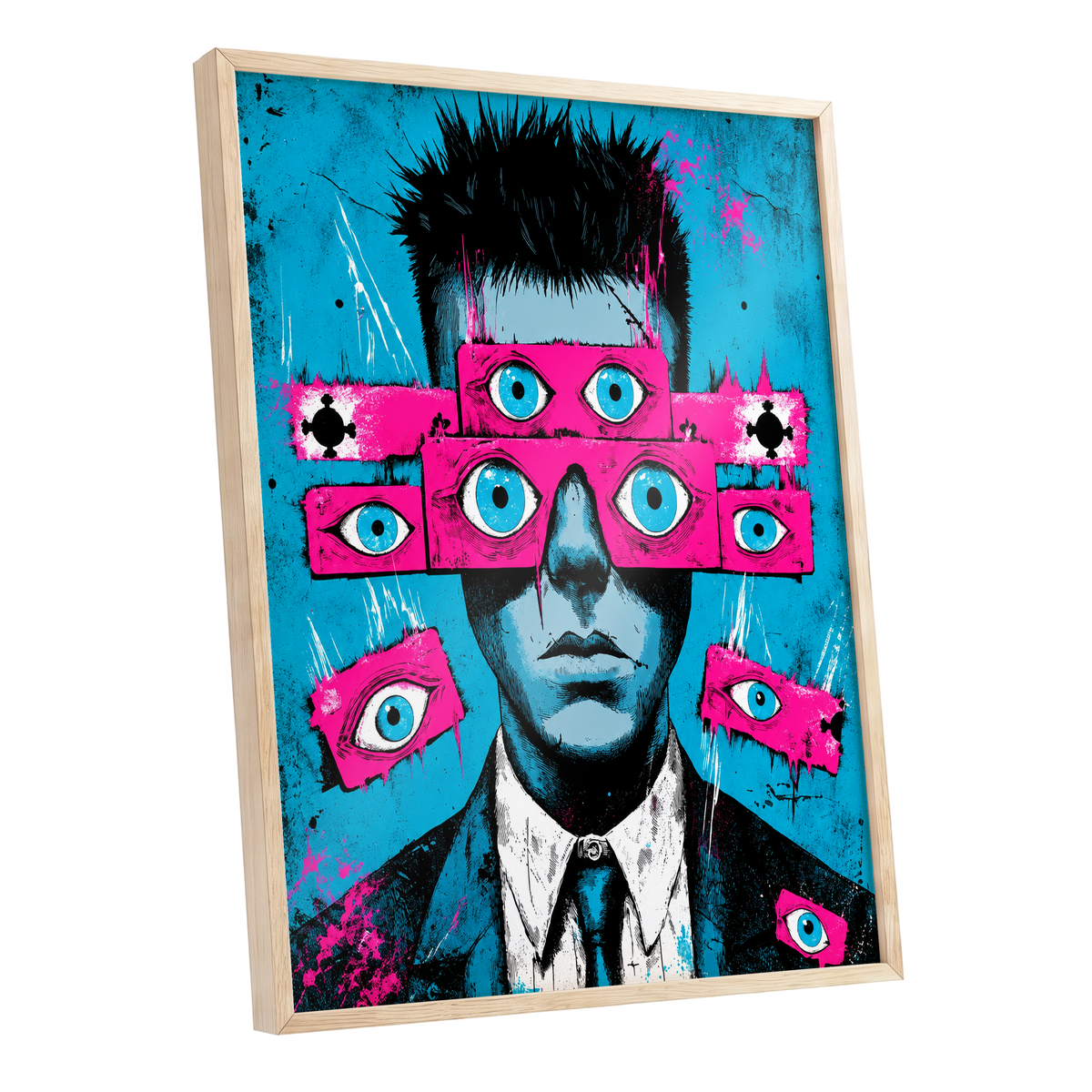 Eyes Wide Open, blue, pink, black abstract wall art shown as a oak framed poster wall art print
