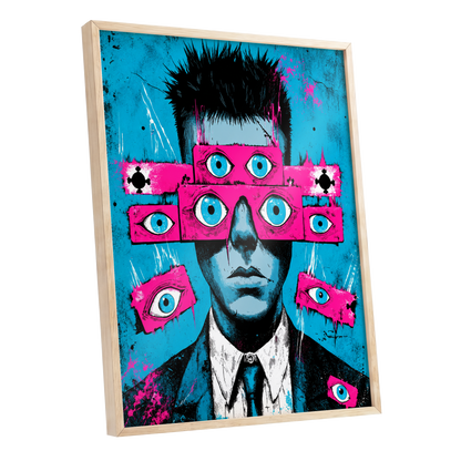 Eyes Wide Open, blue, pink, black abstract wall art shown as a oak framed poster wall art print