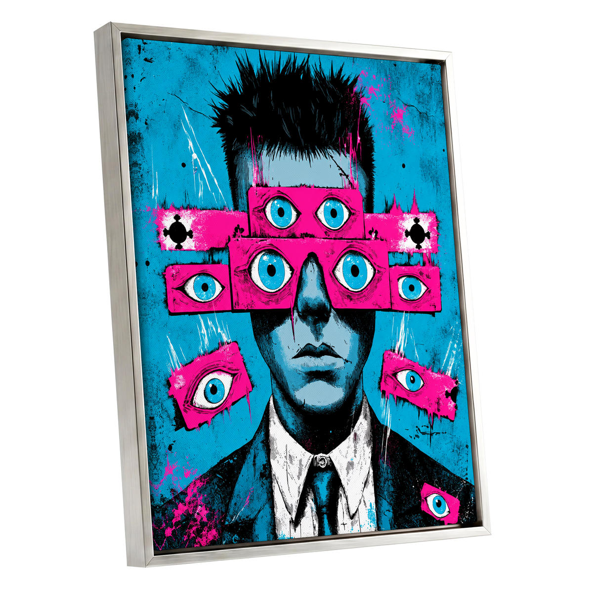 Eyes Wide Open, blue, pink, black abstract wall art shown as a silver framed canvas wall art