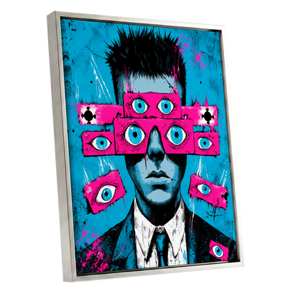 Eyes Wide Open, blue, pink, black abstract wall art shown as a silver framed canvas wall art