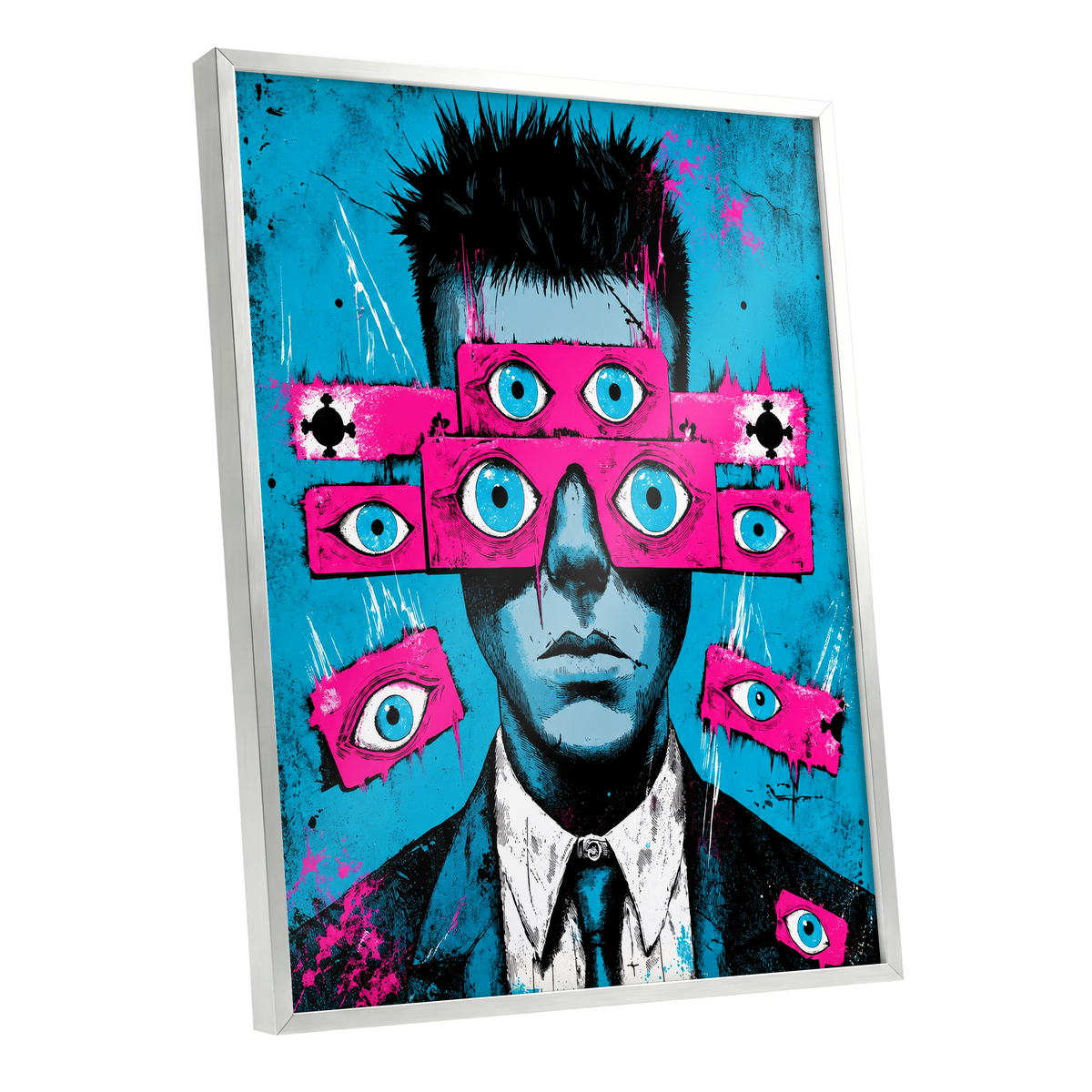 Eyes Wide Open, blue, pink, black abstract wall art shown as a silver framed poster wall art print