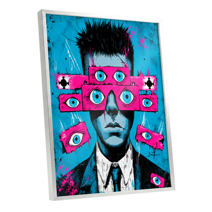 Eyes Wide Open, blue, pink, black abstract wall art shown as a silver framed poster wall art print