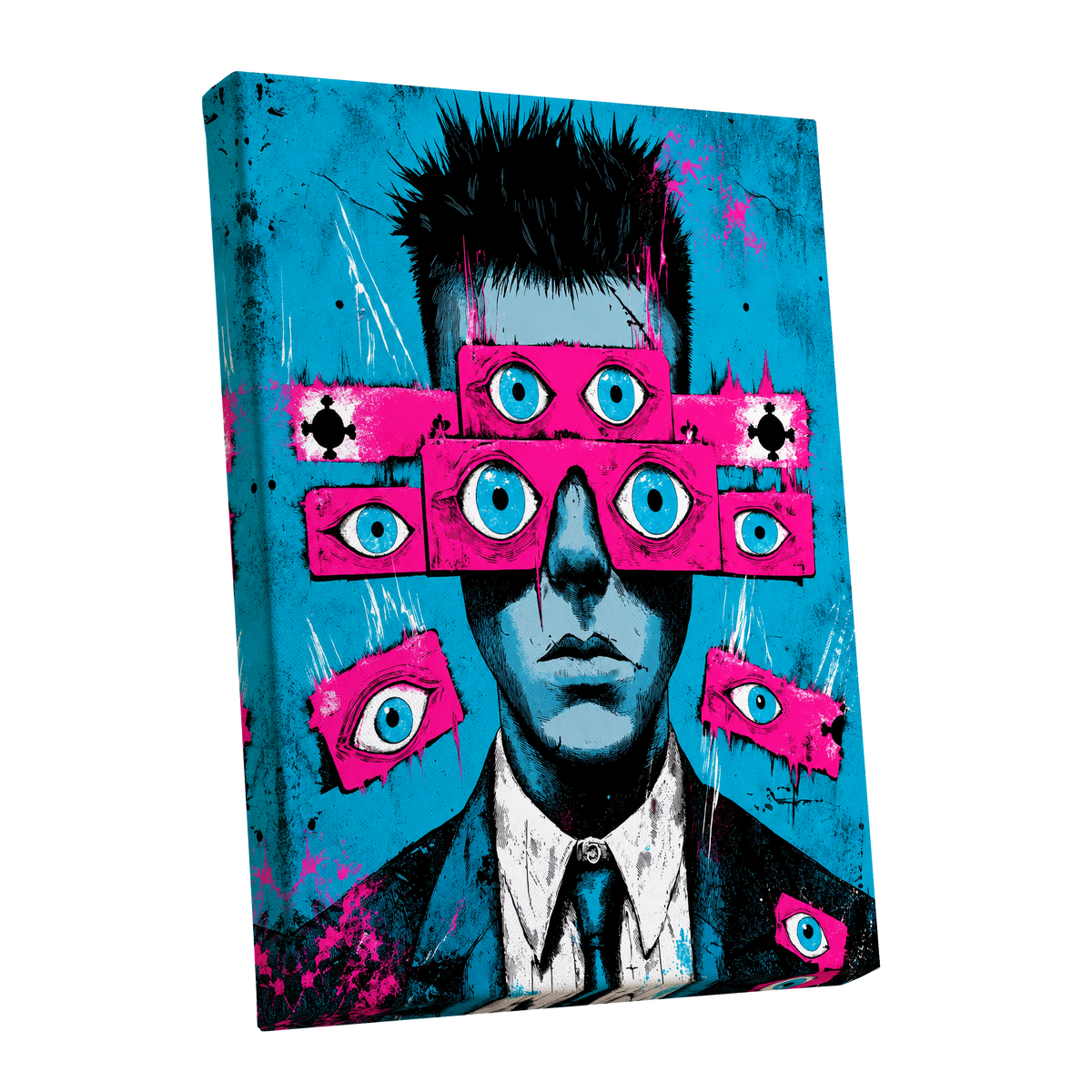 Eyes Wide Open, blue, pink, black abstract wall art shown as a stretched canvas wall art