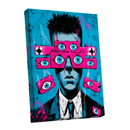 Eyes Wide Open, blue, pink, black abstract wall art shown as a stretched canvas wall art