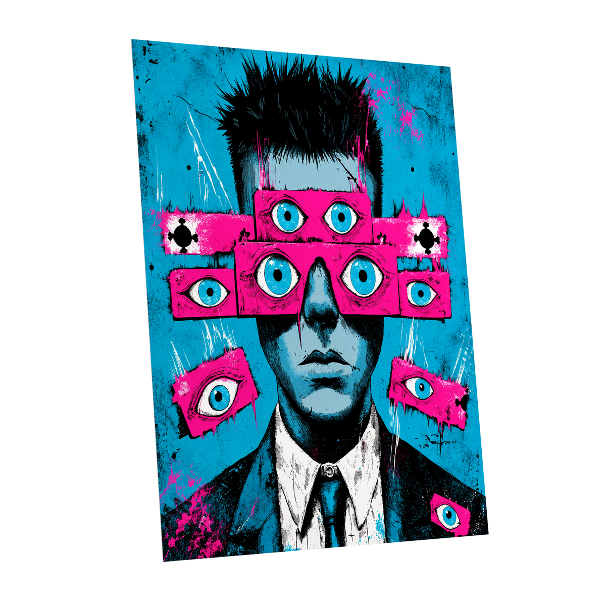 Eyes Wide Open, blue, pink, black abstract wall art shown as a unframed poster wall art print