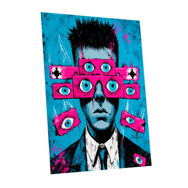 Eyes Wide Open, blue, pink, black abstract wall art shown as a unframed poster wall art print