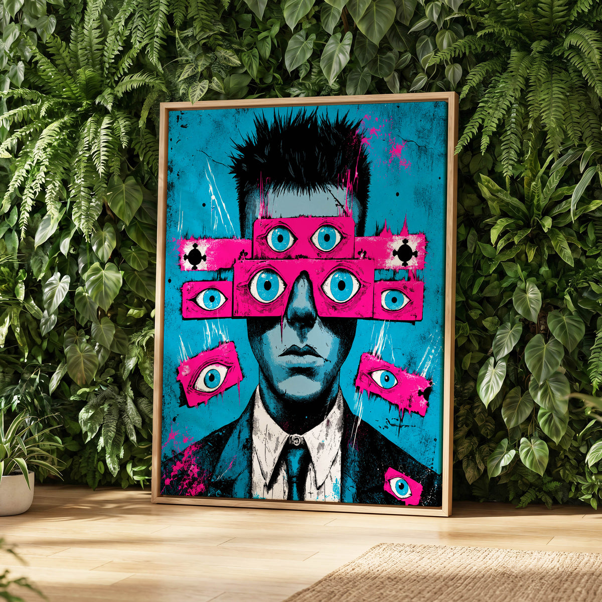 Eyes Wide Open, blue, pink, black abstract wall art displayed in a styled interior, gallery view 2