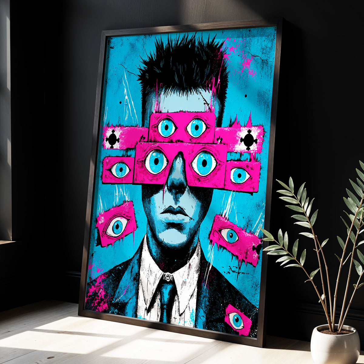 Eyes Wide Open, blue, pink, black abstract wall art displayed in a styled interior, gallery view 3