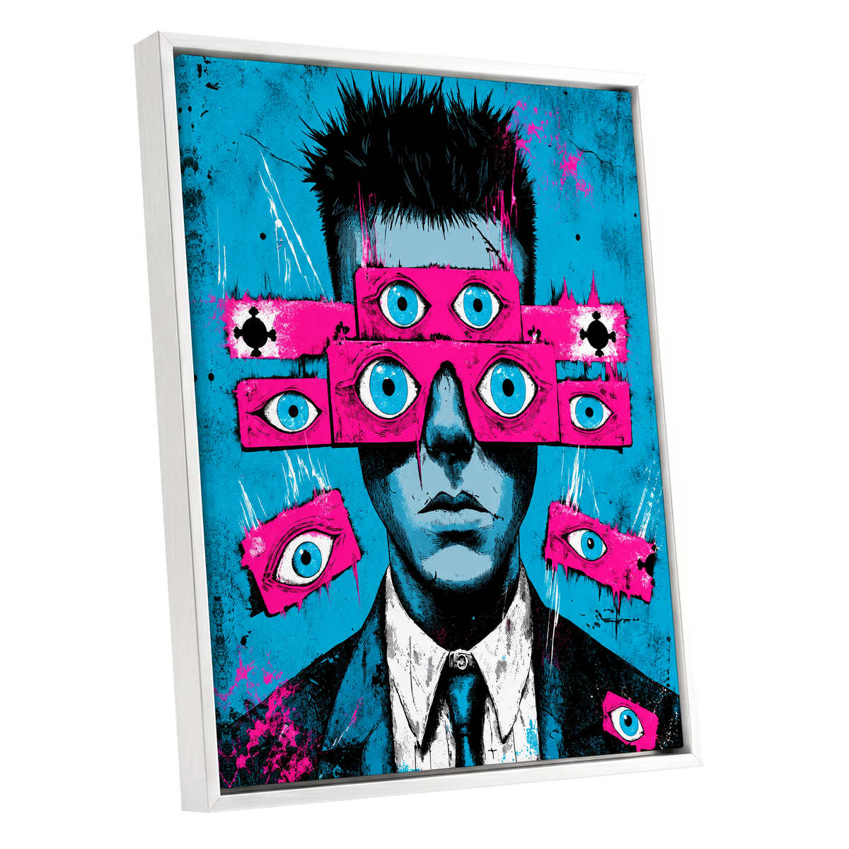 Eyes Wide Open, blue, pink, black abstract wall art shown as a white framed canvas wall art