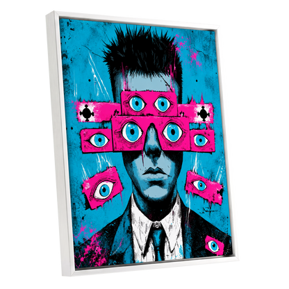 Eyes Wide Open, blue, pink, black abstract wall art shown as a white framed canvas wall art