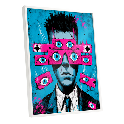 Eyes Wide Open, blue, pink, black abstract wall art shown as a white framed poster wall art print
