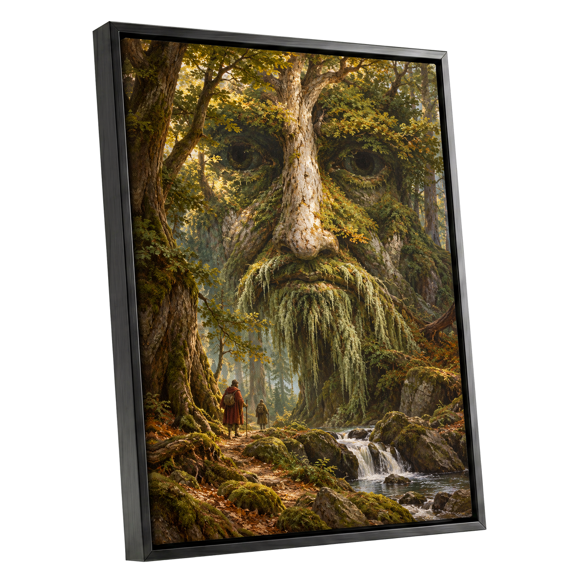 Face of the Forest, green, brown, gold nature wall art shown as a black framed canvas wall art