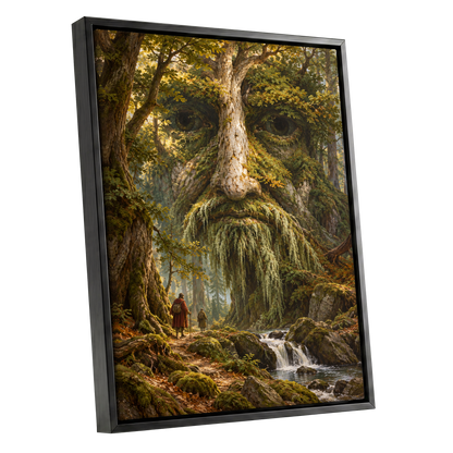 Face of the Forest, green, brown, gold nature wall art shown as a black framed canvas wall art