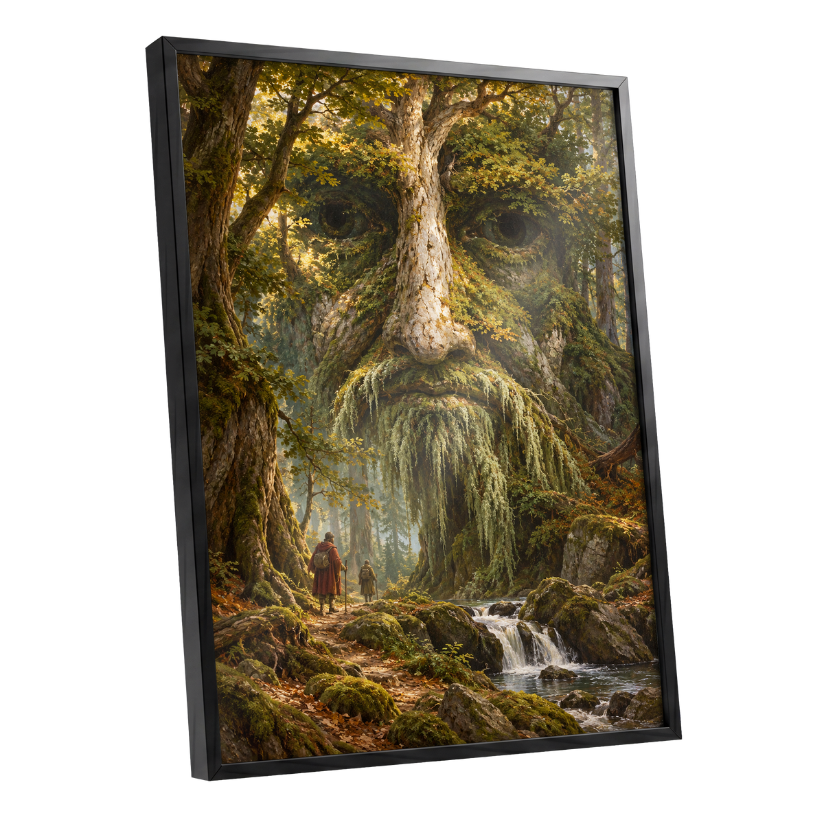 Face of the Forest, green, brown, gold nature wall art shown as a black framed poster wall art print