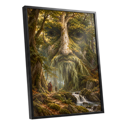 Face of the Forest, green, brown, gold nature wall art shown as a black framed poster wall art print