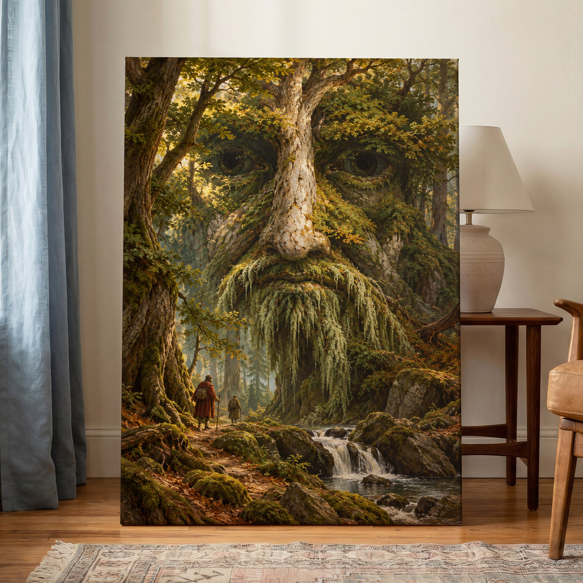 Face of the Forest, green, brown, gold nature wall art on canvas displayed in a styled interior, gallery view 1