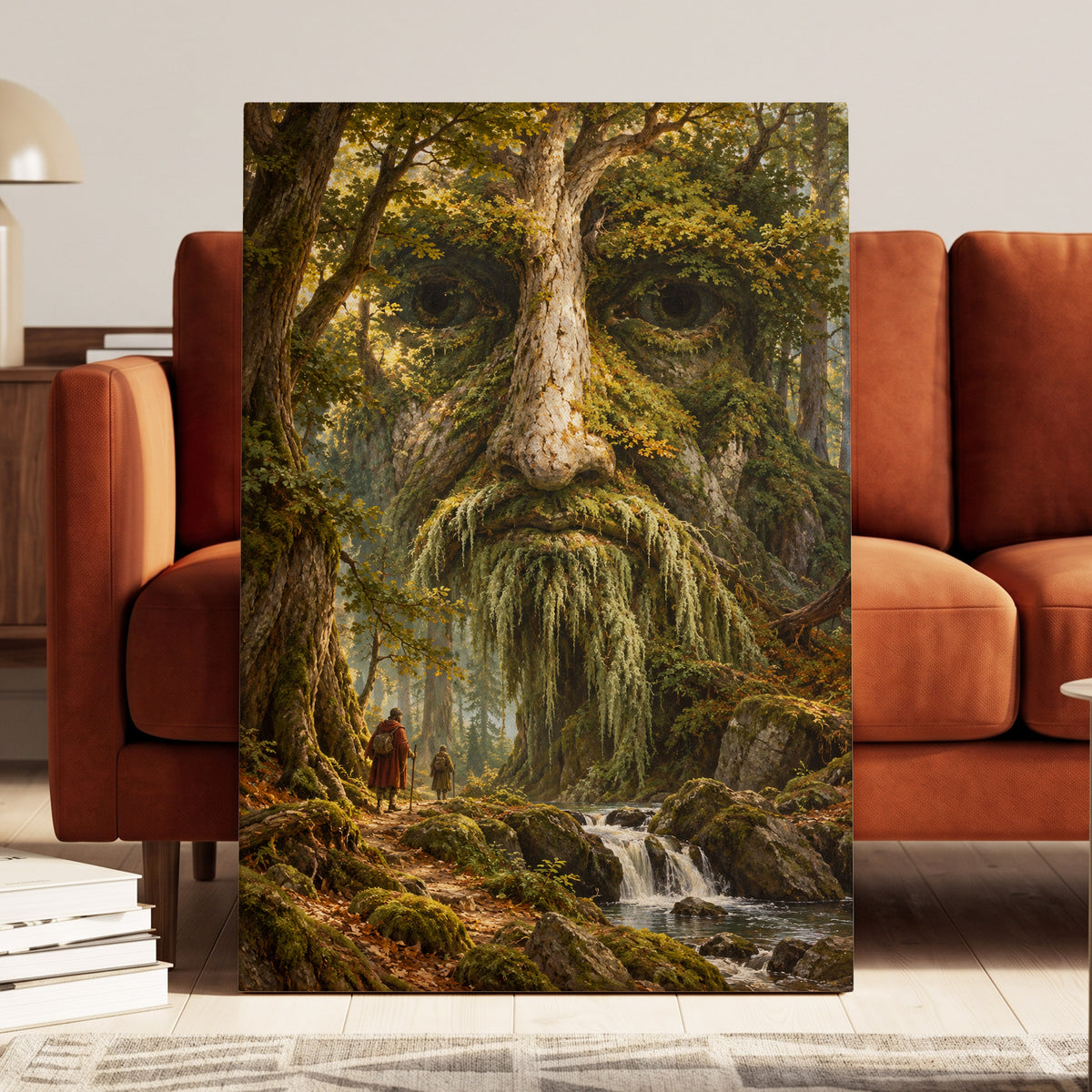 Face of the Forest, green, brown, gold nature wall art on canvas displayed in a styled interior, gallery view 2