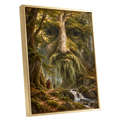 Face of the Forest, green, brown, gold nature wall art shown as a gold framed canvas wall art