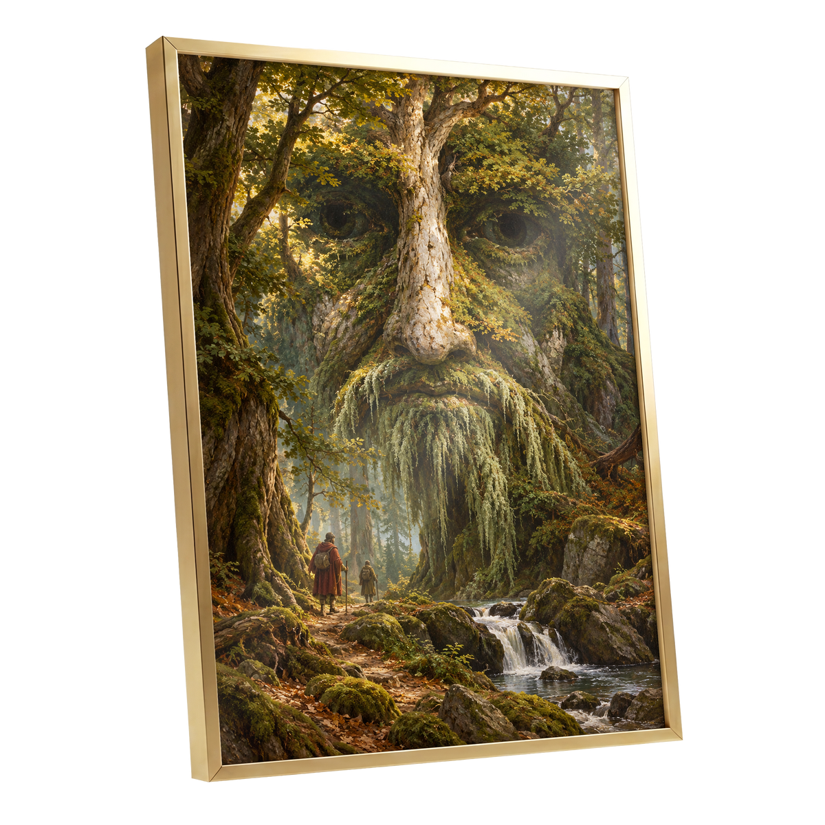 Face of the Forest, green, brown, gold nature wall art shown as a gold framed poster wall art print