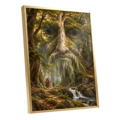 Face of the Forest, green, brown, gold nature wall art shown as a gold framed poster wall art print