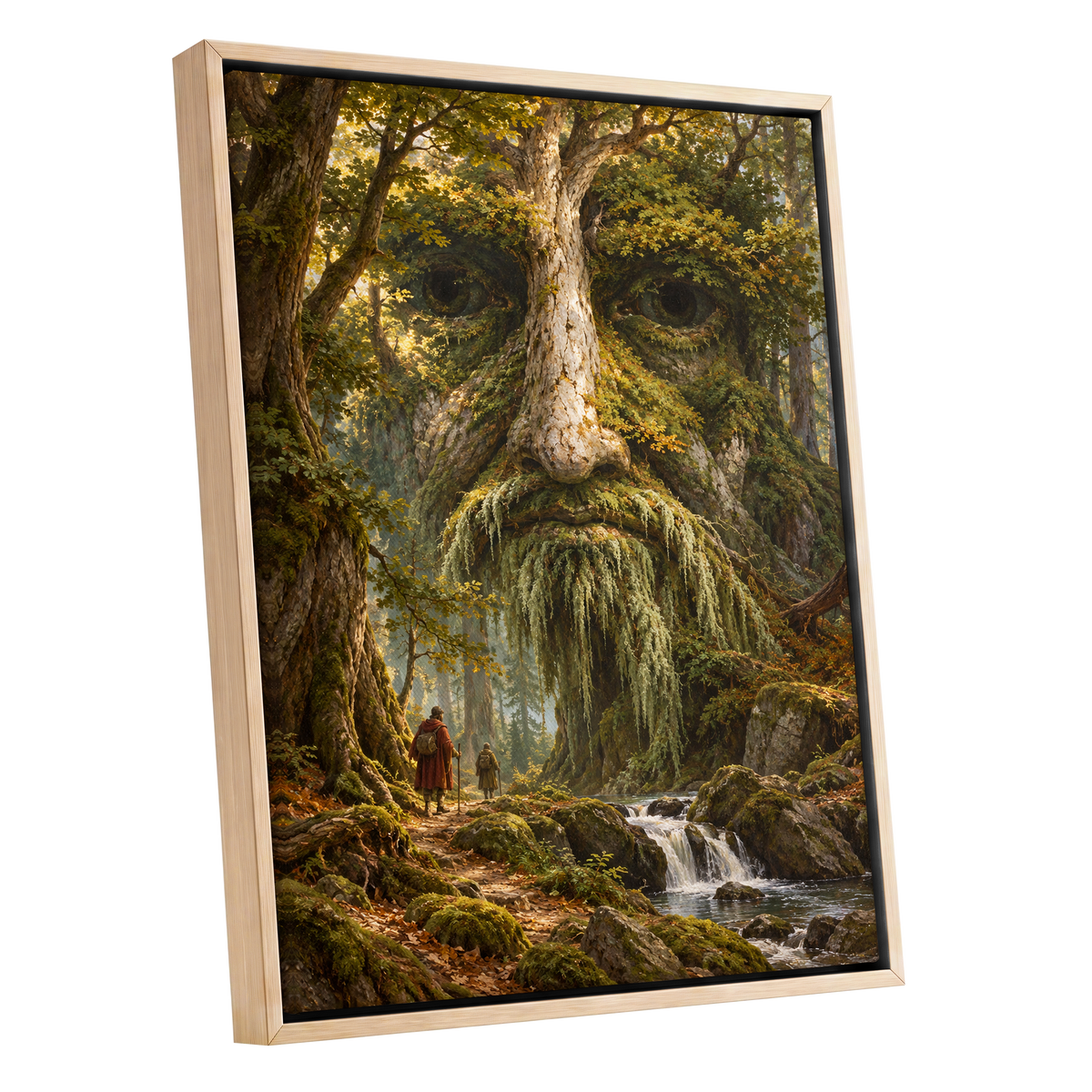 Face of the Forest, green, brown, gold nature wall art shown as a oak framed canvas wall art