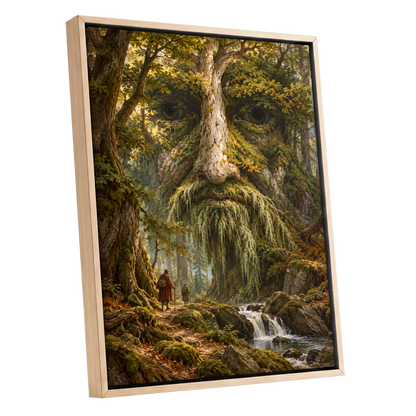 Face of the Forest, green, brown, gold nature wall art shown as a oak framed canvas wall art