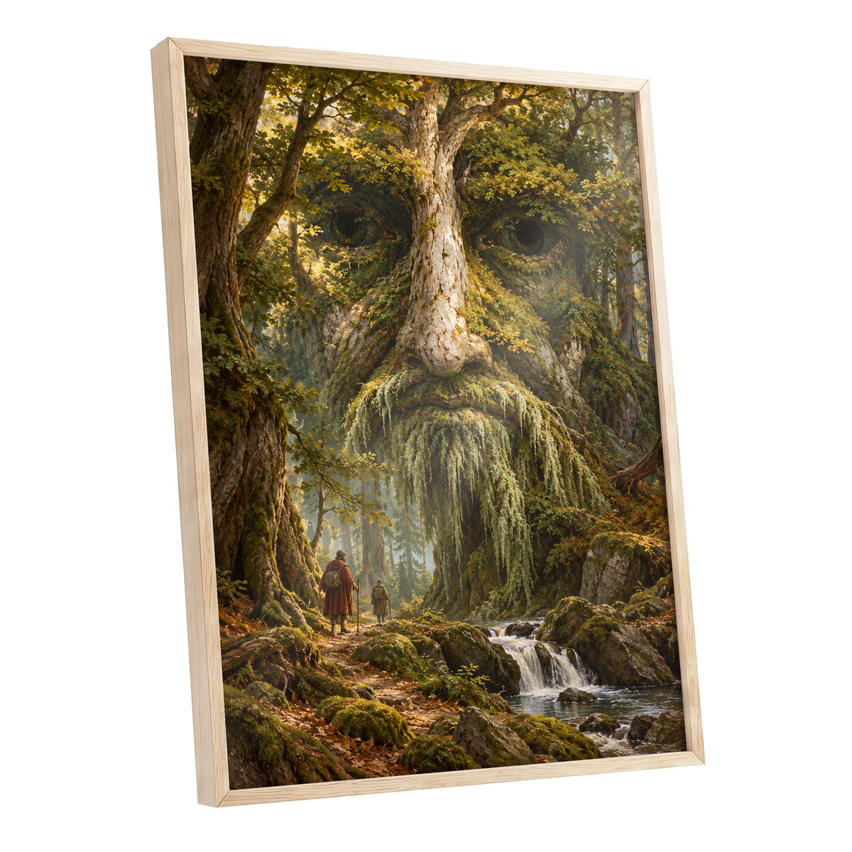 Face of the Forest, green, brown, gold nature wall art shown as a oak framed poster wall art print