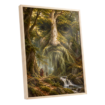 Face of the Forest, green, brown, gold nature wall art shown as a oak framed poster wall art print