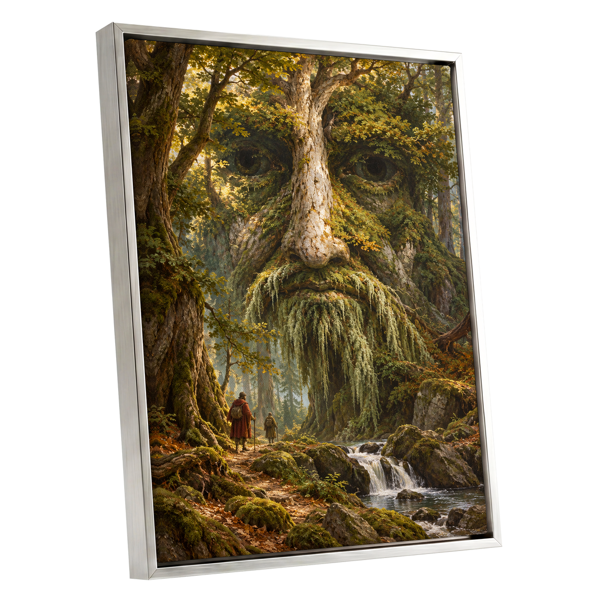 Face of the Forest, green, brown, gold nature wall art shown as a silver framed canvas wall art