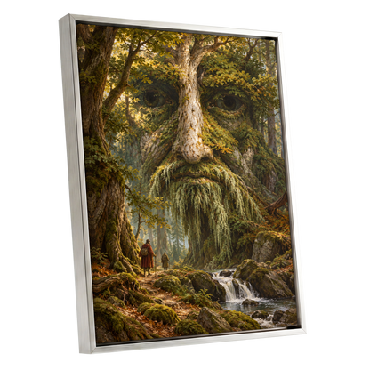 Face of the Forest, green, brown, gold nature wall art shown as a silver framed canvas wall art